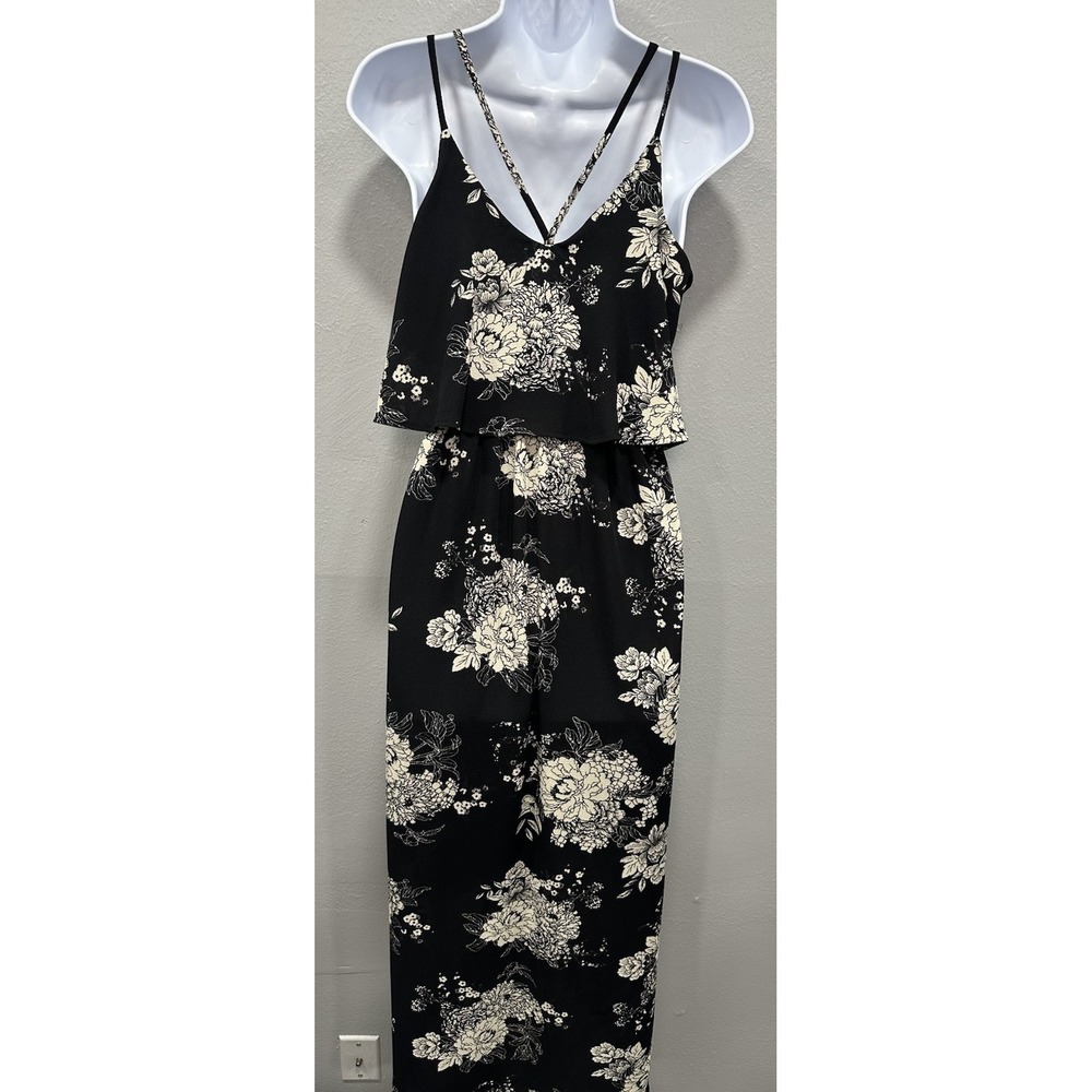 Monteau Maxi Dress Women Small Black Flower Print Side Slit Elastic Waist Straps - Picture 2 of 13